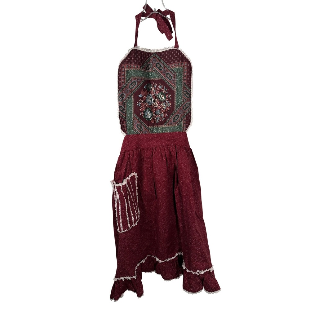 Vintage Cottagecore‎ Apron Red Floral Lace Trim Ruffle Hem Prairie Feminine OS